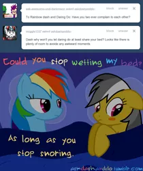 Size: 1280x1524 | Tagged: artist:drumblastingquilava, ask, askdashanddo, bed, blushing, daring do, derpibooru import, implied bedwetting, rainbow dash, safe, tumblr