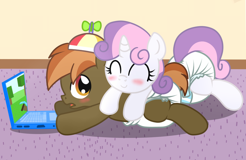 Size: 2000x1300 | Tagged: artist:fillyscoots42, blushing, buttonbetes, button mash, cute, derpibooru import, diaper, diaper fetish, diasweetes, female, male, minecraft, poofy diaper, questionable, shipping, straight, sweetie belle, sweetiemash