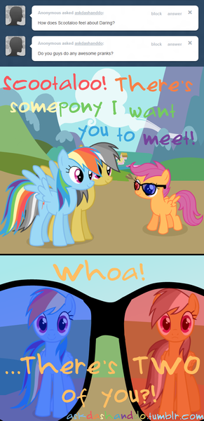 Size: 661x1365 | Tagged: 3d glasses, artist:drumblastingquilava, ask, askdashanddo, daring do, derpibooru import, rainbow dash, safe, scootaloo, tumblr