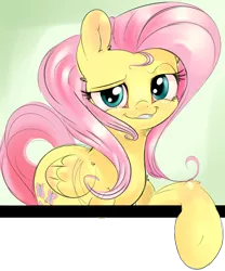 Size: 2076x2496 | Tagged: artist:carligercarl, derpibooru import, fluttershy, fourth wall, looking at you, out of frame, safe, smug, solo