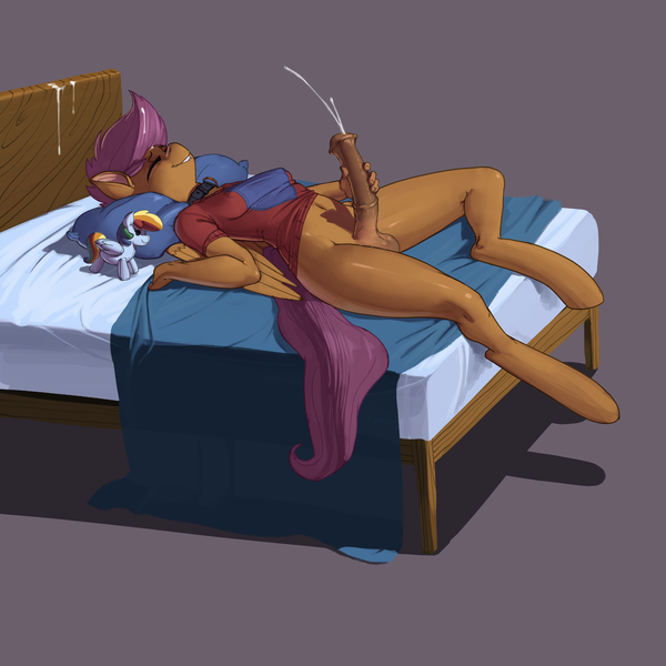 Size: 5000x5000 | Tagged: explicit, alternate version, artist:kevinsano, derpibooru import, scootaloo, anthro, unguligrade anthro, absurd resolution, bed, bottomless, breasts, clothes, collar, commission, cum, cum on hair, cumming, eyes closed, futa, futa scootaloo, horsecock, image, intersex, lip bite, masturbation, multiple variants, nudity, older, on back, on bed, orgasm, penis, plushie, png, solo, solo futa, wings