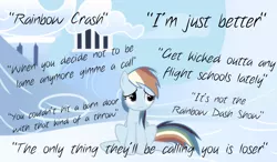 Size: 1858x1088 | Tagged: artist:derp1a, derpibooru import, disembodied thoughts, insult, loser, quote, rainbow dash, sad, safe, solo