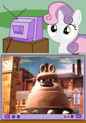 Size: 564x800 | Tagged: safe, derpibooru import, sweetie belle, pony, robot, robot pony, unicorn, a close shave, exploitable meme, female, filly, foal, horn, meme, obligatory pony, preston, sweetie bot, tv meme, wallace and gromit