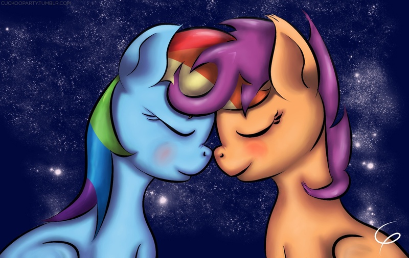 Size: 1707x1080 | Tagged: safe, artist:cuckooparty, derpibooru import, rainbow dash, scootaloo, blushing, female, lesbian, nose to nose, older, scootadash, shipping