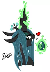 Size: 543x785 | Tagged: artist:zajice, bust, derpibooru import, egg, explicit source, heart, queen chrysalis, safe, solo