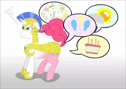 Size: 1061x753 | Tagged: safe, artist:ultrathehedgetoaster, derpibooru import, pinkie pie, hybrid, pony, body sharing, cake, conjoined, cutie mark, eye twitch, gradient background, hedgetoaster hybrid, merging, party, pictogram, pun, royal guard, speech bubble, tickling, visual pun, wat