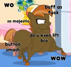 Size: 1115x1048 | Tagged: buff, bulky, button mash, button smash, doge, do you even lift, image macro, meme, muscles, safe, solo, text, vulgar, wat