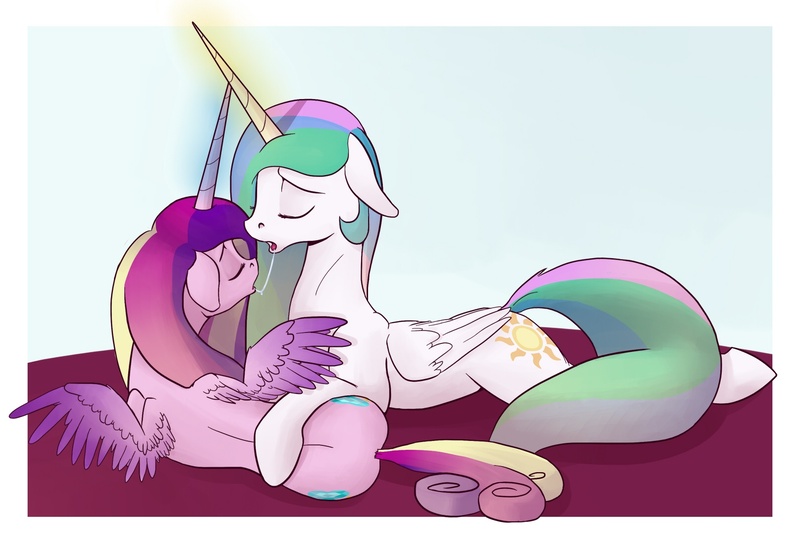 Size: 1615x1100 | Tagged: suggestive, artist:postscripting, derpibooru import, princess cadance, princess celestia, alicorn, pony, adultery, bed, celestiance, drool, drool string, eyes closed, female, floppy ears, hornboner, horns are touching, infidelity, kissing, lesbian, magic, mare, open mouth, prone, shipping, side, sloppy kissing, spread wings