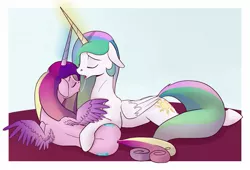 Size: 1615x1100 | Tagged: suggestive, artist:postscripting, derpibooru import, princess cadance, princess celestia, alicorn, pony, adultery, bed, celestiance, drool, drool string, eyes closed, female, floppy ears, hornboner, horns are touching, infidelity, kissing, lesbian, magic, mare, open mouth, prone, shipping, side, sloppy kissing, spread wings