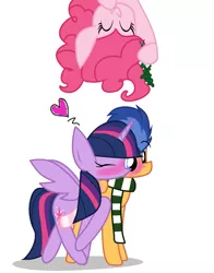 Size: 1183x1512 | Tagged: safe, artist:littlecloudie, derpibooru import, flash sentry, pinkie pie, twilight sparkle, twilight sparkle (alicorn), alicorn, pony, blushing, christmas, clothes, eyes closed, female, flashlight, kissing, mare, mistletoe, pinkie ships it, raised hoof, scarf, shipper on deck, shipping, spread wings, standing
