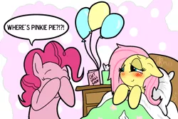 Size: 1134x756 | Tagged: artist:silver1kunai, balloon, bed, bed mane, blanket, blushing, box, card, cute, derpibooru import, dialogue, diapinkes, eyes closed, floppy ears, fluttershy, friendshipping, messy mane, on back, peekaboo, pillow, pinkie pie, safe, sick, smiling, speech bubble, table, text, tired, tissue, tissue box