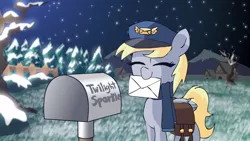 Size: 800x450 | Tagged: safe, artist:alfa995, derpibooru import, derpy hooves, pegasus, pony, female, mail, mailbox, mailmare, mare, mouth hold, solo, winter