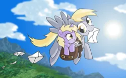 Size: 550x344 | Tagged: safe, artist:alfa995, derpibooru import, derpy hooves, dinky hooves, pegasus, pony, cardcaptor sakura, carrying, derpy cardcaptor, equestria's best mother, female, flying, letter, mail, mailbag, mare