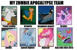Size: 1106x720 | Tagged: safe, artist:peremarquette1225, derpibooru import, ace, fluttershy, pinkie pie, rainbow dash, streaky, twilight sparkle, bathound, krypto, krypto the superdog, meme, mr. krabs, spongebob squarepants, zombie apocalypse team