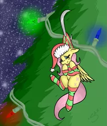 Size: 653x766 | Tagged: artist:silver1kunai, blushing, bottomless, christmas, christmas tree, clothes, derpibooru import, fluttershy, partial nudity, safe, sock, solo, sweater, sweatershy, tree