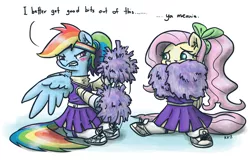 Size: 1280x842 | Tagged: safe, artist:king-kakapo, derpibooru import, fluttershy, rainbow dash, pegasus, pony, alternate hairstyle, angry, blushing, bow, cheerleader, cheerleader fluttershy, cheerleader outfit, cheerleader rainbow dash, clothes, colored, dialogue, ear fluff, embarrassed, flailing, fluffy, gritted teeth, hair bow, headband, lip bite, pom pom, ponytail, scared, shoes, sitting, sneakers, socks, spread wings, wide eyes