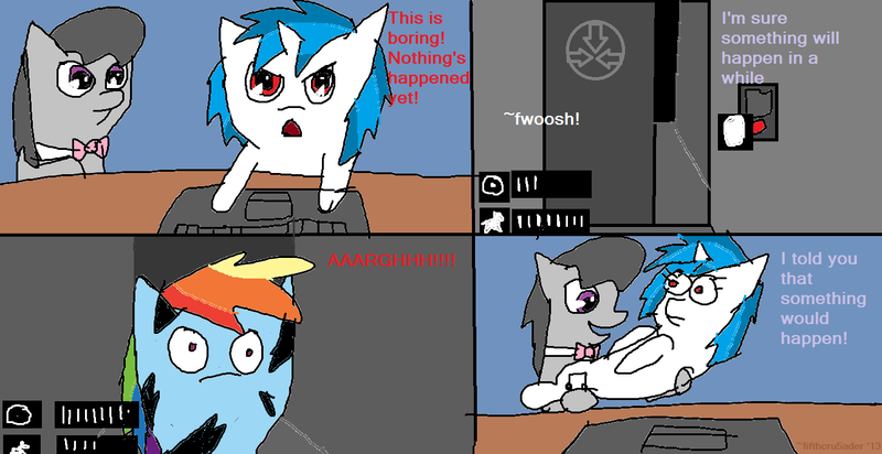 Size: 1370x706 | Tagged: artist:fifthcru5ader, computer, derpibooru import, jumpscare, laptop computer, my little foundation: containment is magic, octavia melody, rainbow dash, safe, scp containment breach, scp foundation, vinyl scratch