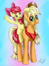 Size: 1200x1600 | Tagged: apple bloom, applejack, artist:artyjoyful, bandana, derpibooru import, ponies riding ponies, riding, safe