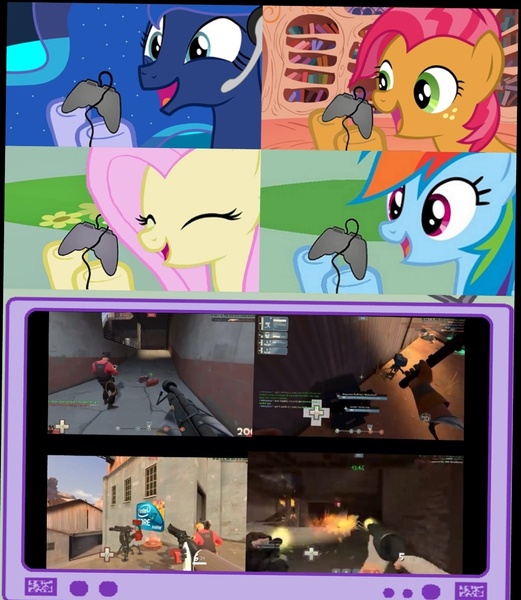 Size: 1148x1322 | Tagged: babs seed, derpibooru import, engineer, exploitable meme, fluttershy, gamer babs, gamer dash, gamerdash, gamer luna, gamer meme, gamershy, meme, obligatory pony, princess luna, pyro, rainbow dash, safe, scout, spy, team fortress 2, tv meme