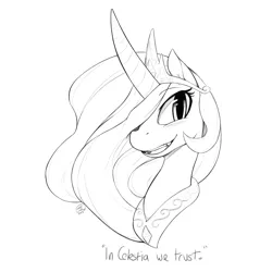 Size: 1280x1280 | Tagged: artist:florecentmoo, bust, caption, changeling, curved horn, derpibooru import, fangs, grayscale, monochrome, princess celestia, safe, solo