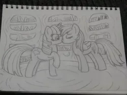 Size: 960x720 | Tagged: safe, artist:intet22, derpibooru import, rainbow dash, twilight sparkle, female, kissing, lesbian, monochrome, pencil drawing, shipping, sketch, traditional art, twidash