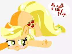 Size: 1024x768 | Tagged: safe, artist:supernoncutie, derpibooru import, applejack, pony, accent, dialogue, face down ass up, hatless, lineless, missing accessory, silly, silly pony, simple background, solo, speech bubble, who's a silly pony