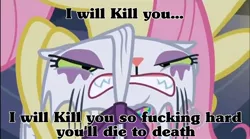 Size: 1000x557 | Tagged: angry, caption, death threat, derpibooru import, edit, edited screencap, eyeshadow, fluttershy, frown, gritted teeth, opalabuse, opalescence, rage, redundant, safe, screencap, sweet and elite, threat, vulgar, wet