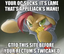 Size: 612x517 | Tagged: safe, derpibooru import, babs seed, earth pony, pony, babs the rapper, clothes, exploitable meme, female, filly, hoodie, image macro, implied applejack, meme, nose wrinkle, solo, twilight scepter