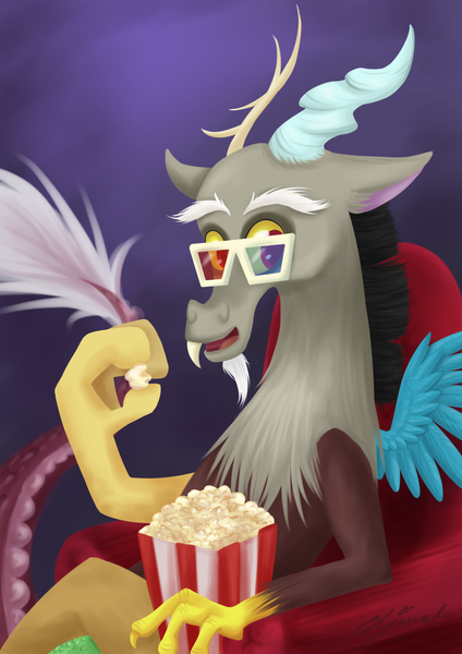 Size: 2480x3508 | Tagged: 3d glasses, artist:eljonek, derpibooru import, discord, popcorn, safe, solo