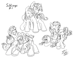 Size: 1024x816 | Tagged: safe, artist:tsitra360, derpibooru import, apple bloom, applejack, big macintosh, rarity, shining armor, sweetie belle, twilight sparkle, earth pony, pony, brother and sister, lineart, male, monochrome, siblings, sisters, stallion