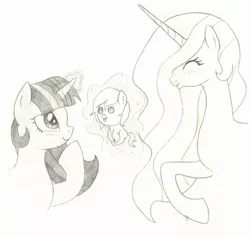 Size: 2276x2180 | Tagged: safe, artist:unoriginai, derpibooru import, princess celestia, twilight sparkle, twilight sparkle (alicorn), alicorn, earth pony, pony, family, female, lesbian, magical lesbian spawn, mama twilight, monochrome, offspring, parent:princess celestia, parent:twilight sparkle, parents:twilestia, pencil drawing, shipping, traditional art, twilestia