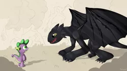 Size: 3000x1687 | Tagged: artist:malamol, crossover, derpibooru import, dragon, eye contact, how to train your dragon, night fury, safe, smiling, spike, toothless, toothless the dragon
