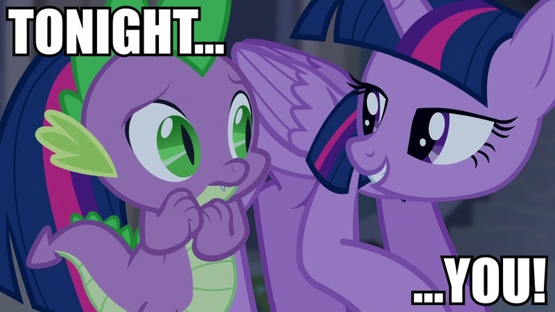 Size: 960x540 | Tagged: safe, derpibooru import, edit, edited screencap, screencap, spike, twilight sparkle, twilight sparkle (alicorn), alicorn, dragon, pony, castle mane-ia, caption, female, looking at each other, male, mare, meme, out of context, shipping, straight, tonight you, twispike