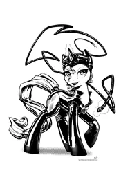 Size: 1500x2000 | Tagged: artist:kp-shadowsquirrel, catsuit, catwoman, clothes, costume, derpibooru import, latex, lipstick, magic, monochrome, rarity, safe, solo, whip