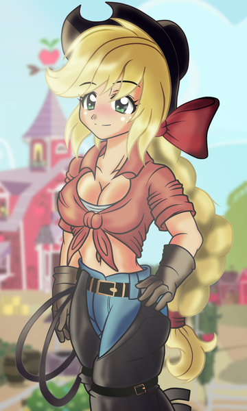 Size: 1200x2002 | Tagged: applejack, artist:ruhisu, barn, belly button, braid, breasts, cleavage, clothes, cowboy hat, cowgirl, derpibooru import, farm, female, gloves, hat, human, humanized, jeans, light skin, manga, render, ribbon, rope, smiling, solo, solo female, suggestive, sweet apple acres, vector