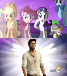 Size: 910x1024 | Tagged: alicorn flash, applejack, derpibooru import, exploitable meme, fluttershy, hub logo, meme, nathan drake, pinkie pie, rainbow dash, rarity, safe, spike, uncharted