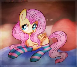 Size: 997x856 | Tagged: artist:crocelif, clothes, derpibooru import, fluttershy, safe, socks, solo, striped socks