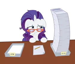 Size: 8500x7231 | Tagged: absurd resolution, artist:agamnentzar, artist:glitchking123, derpibooru import, floppy ears, frown, glasses, gritted teeth, messy mane, paper, pencil, pile, rarity, safe, solo, table, tired, work