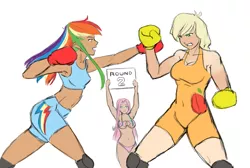 Size: 1135x764 | Tagged: applejack, artist:eve-ashgrove, belly button, bodysuit, boxing, breasts, busty fluttershy, clothes, derpibooru import, farmer's tan, female, fight, fluttershy, glare, gritted teeth, human, humanized, light skin, micro bikini, midriff, moderate dark skin, punch, rainbow dash, ring girl, shorts, sign, sports bra, suggestive