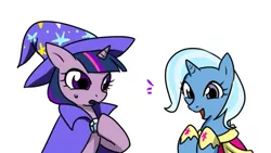 Size: 527x298 | Tagged: accessory swap, artist:norang94, cape, clothes, clothes swap, coronation dress, cosplay, costume, derpibooru import, dress, duo, hat, hoof shoes, open mouth, safe, sweat, sweatdrop, trixie, trixie's cape, trixie's hat, twilight sparkle