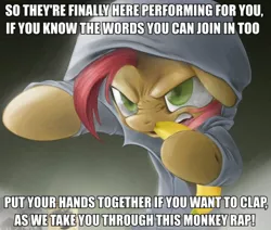 Size: 612x519 | Tagged: safe, derpibooru import, babs seed, earth pony, pony, babs the rapper, banana, clothes, dk rap, donkey kong 64, donkey kong country, exploitable meme, female, filly, hoodie, image macro, meme, nose wrinkle, solo