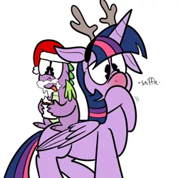 Size: 700x700 | Tagged: safe, artist:karpet-shark, derpibooru import, spike, twilight sparkle, twilight sparkle (alicorn), alicorn, pony, twily-daily, female, hat, mare, red nosed, reindeer antlers, santa hat, sniffling