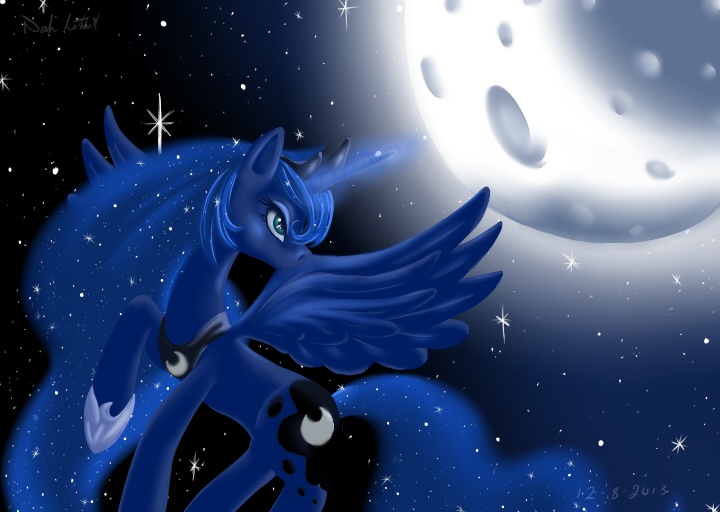 Size: 720x512 | Tagged: safe, artist:beefcrow, derpibooru import, princess luna, moon, solo, sparkles, stars, tangible heavenly object