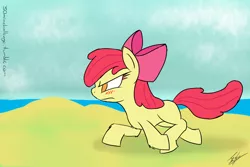 Size: 1800x1200 | Tagged: 30 minute art challenge, apple bloom, artist:tomazii7, beach, blushing, derpibooru import, safe, solo