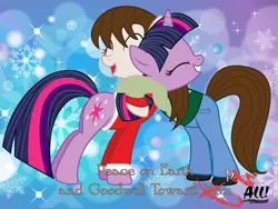 Size: 1024x768 | Tagged: all-american girl, artist:rob barba, christmas, clothes, derpibooru import, holiday, hug, oc, oc:dj martinez, safe, sweater, text, twilight sparkle, ugly christmas sweater