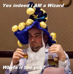 Size: 1573x1600 | Tagged: alcohol, are you a wizard, caption, cosplay, derpibooru import, edit, grammar, human, irl, irl human, peter new, photo, safe, solo, star swirl the bearded, text, whiskey, wizard