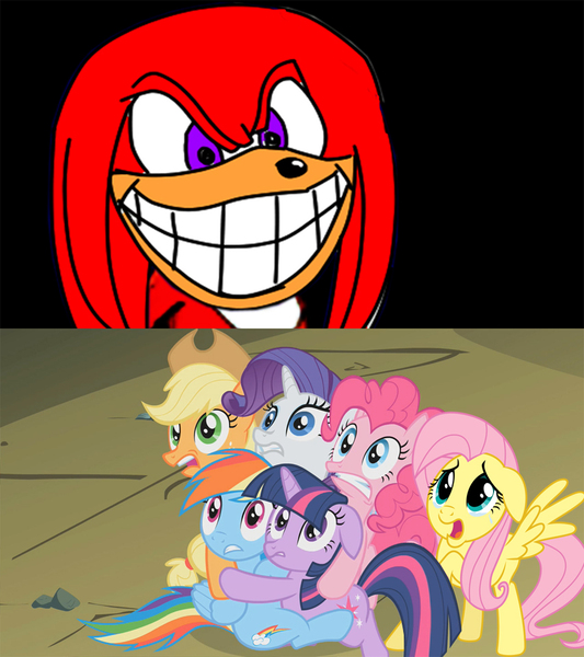 Size: 853x960 | Tagged: applejack, background pony strikes again, crossover, crying, derpibooru import, dragonshy, edit, edited screencap, fluttershy, knuckles the echidna, mane six, pinkie pie, rainbow dash, rapeface, rarity, scared, screencap, semi-grimdark, sonic the hedgehog (series), twilight sparkle, wtf