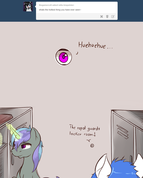 Size: 1280x1590 | Tagged: artist:imspainter, ask, comic, derpibooru import, eye, gay, hole, locker, locker room, male, oc, oc:paint pints, peeping, peeping tom, pervert, questionable, royal guard, tumblr