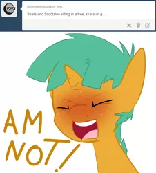 Size: 633x700 | Tagged: all caps, angry, artist:kryptchild, ask, ask glitter shell, blushing, derpibooru import, eyes closed, glitter shell, rage, safe, scootaloo, snails, solo, tumblr, yelling
