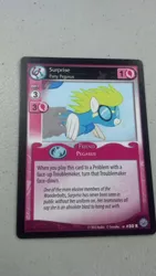 Size: 722x1280 | Tagged: card game, ccg, derpibooru import, enterplay, g1, g1 to g4, generation leap, irl, mlp trading card game, name, photo, safe, surprise, wonderbolts